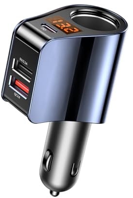 4 in 1 Zigarettenanzünder Verteiler USB C 128W Auto Ladegerät Adapter, Kfz Schnellladung Steckdose mit Spannungsanzeige für iPhone Samsung Huawei GPS Dash Kamera