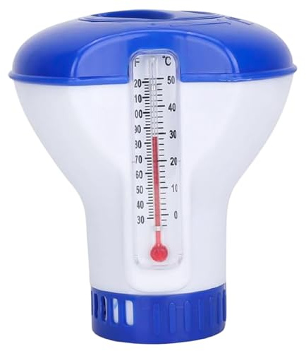 Pool-Thermometer schwimmend, Pool-Chlor-Schwimmer mit Thermometer, 5 Zoll automatischer Chlortabletten-Schwimmer, Zubehör zum Frischhalten des Schwimmwassers, Tablet