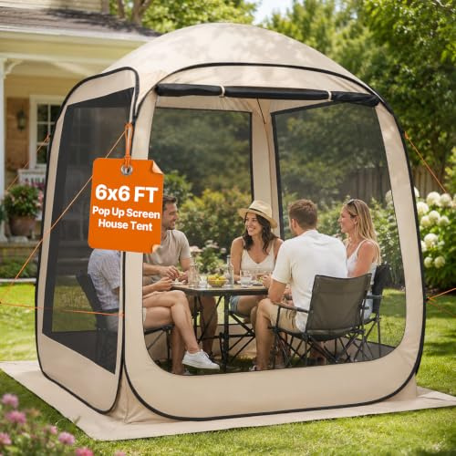 VEVOR Screen House Tent 6x6FT Pop-Up Screen Tent for 4–6 Person, Portable Screen Room Gazebo with Netting, Carry Bag & Ground Stakes, Instant Screen Canopy for Patio Backyard Garden Camping