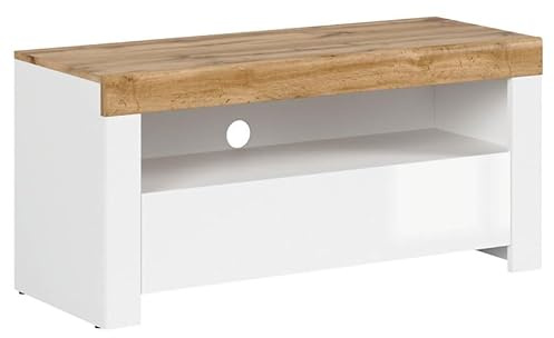 PEGANE Meuble TV avec tiroir et étagère,Coloris Blanc/Chêne wotan - Longueur 106 x Profondeur 42 x Hauteur 50,5 cm