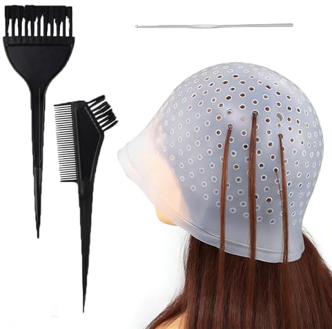 Silikon Highlight Kappe,Silikon Strähnchenhaube Set,Wiederverwendbar Strähnenhaube,Strähnchenhaube mit Pinseln und Nadel,Zubehör zum Haare Färben & Strähnen,Geeignet für Haarstyling von Frauen,3 Stück