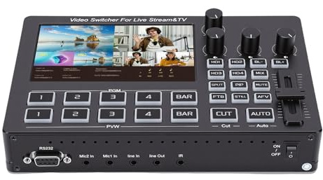 Garsent Conmutador de Vídeo, Conmutador de Transmisión en HDMI de 4 Canales, Mezclador de Vídeo Portátil con Pantalla OSD de 5 Pulgadas para Transmisión de Múltiples Cámaras (Enchufe de la UE)