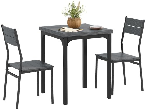 HOMCOM 3-teilige Essgruppe mit 2 Stühlen 4 cm Tischplatte Grau | Esstisch, Sitzgruppe, Küchentisch mit Metallgestell, Esszimmergruppe