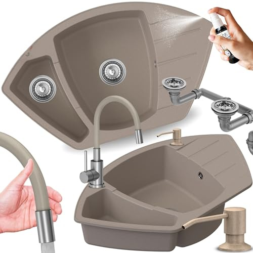 SINK Quality Eckspüle aus Granit mit Armatur & Seifenspender 90x54 cm - Beige – 1,5 Becken Küchenspüle mit Restebecken, Inkl. Siphon & Imprägnierung, Ab 70 cm Unterschrank