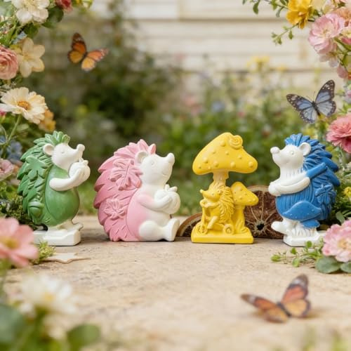 Silikonformen Gießformen Tiere, 4 Stück Silikonform Igel Pilz Gießform Tiere Gießformen Silikon Frühling Gip Zum Gießen Igel Pilz mit Blumen Blatt Kerzen Silikonformen Frühling für DIY Handwerk (A)