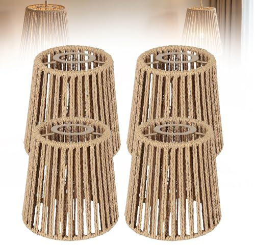 4 Stück Lampenschirm Boho Lampenschirm Hängelampe, Boho Rattan Lampenschirm Klein, E27 Lampenschirm Rattan, Papierlampenschirm für Stehlampe, Tischlampe, Pendelleuchten, Hängelampenschirme, 14 x 14 cm