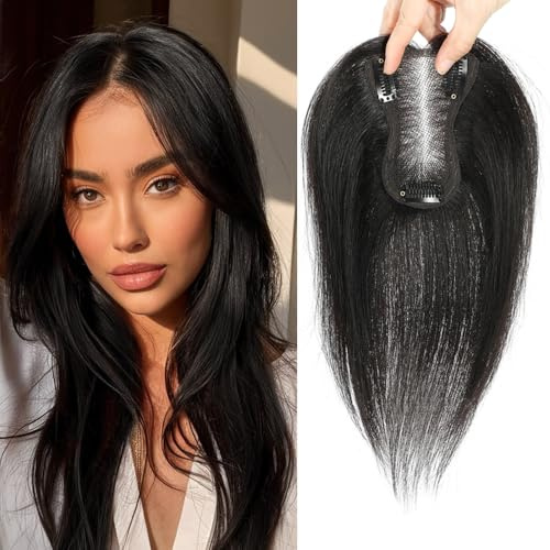Haar Topper aus echtem Menschenhaar für Frauen mit dünner werdendem Haar 3 × 4,5zoll verbesserte Schweizer Spitzenbasis Perücken-Topper für Frauen (Natural Black)