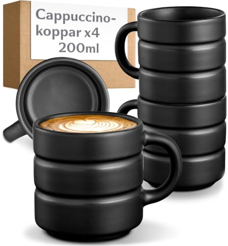 Cosumy 4er Cappuccino Tassen Set Schwarz - 200ml Kaffee Tasse aus Keramik | Stapelbar & Dickwandig - Cappuccinotassen mit henkel - Spülmaschinen- & mikrowellenfeste Kaffeetassen mit Streifenmuster