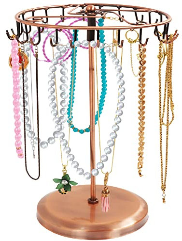 BELLE VOUS Kettenständer Schmuck Kupfer Drehbar (23 Haken) H34,8 x B20,5 cm Schmuckständer Baum - Ketten Aufbewahrung Hängend - Schmuckbaum für Ketten & Armbänder, Ringe & Ohrringe