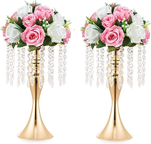 LANLONG Kerzenhalter aus Acryl mit Kunstkristallen in Gold/Silber, Blumenvase, 2 Stück Hochzeit Herzstück Lead Road Kerzenhalter für Hochzeit Event Dekoration (Gold, 33cm)