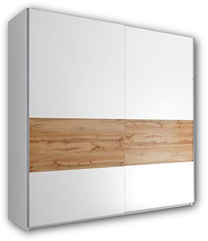 Stella Trading MEDINA Schwebetürenschrank Weiß mit viel Stauraum - Vielseitiger Kleiderschrank mit Bauchbinde in Wildeiche Optik - 215 x 210 x 59 cm (B/H/T)