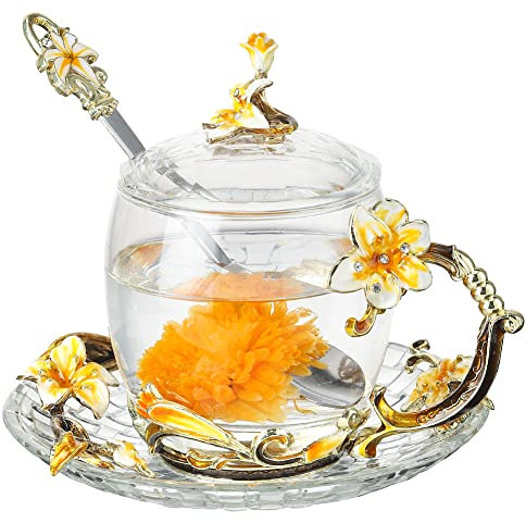 LANTREE Ausgefallene Teetassen mit Deckel, Muttertagstasse, Geschenk, Lilie, Glas, Kaffeetasse mit Löffel, Geburtstagsgeschenk für Teeliebhaber, neuartige Tasse, Heimdekoration (325 ml, Gelb)