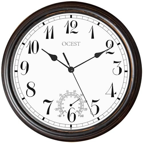 OCEST 12Inch Outdoor Garden Clock, Waterproof Wall Clocks with Thermometer, Weather-Resistant Non-Ticking Battery Operated Decor Decor for Patio Pool Lanai Porch Kitchen Bathroom