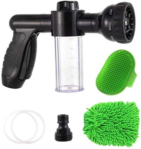 Kamirola Hochdruck-8-in-1-Autowaschbürste, Schaumstoffpistole, Gartenschlauchdüse, Schaumkanone, Flasche, Seifensprüher, Rasen, Autowäsche, Reinigung, Terrasse, Haustierbaden (schwarz)