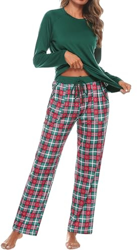 Uniexcosm Ensemble de Pyjama Femme Manches Longues à Carreaux | Deux matières selon le modèle : coton extensible ou coton mélangé, avec haut manches longues et pantalon à carreaux