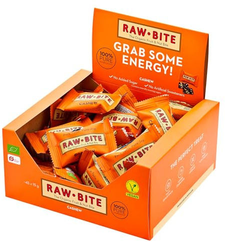 RAWBITE Riegel Cashew – Bio Frucht-Nuss Mini Riegel Box (45x15g) | 100 % Bio & vegane Mini-Frucht-Nuss-Riegel aus Cashews & Datteln. Ideal fürs Büro. Ohne Zuckerzusatz. Ballaststoffreich.