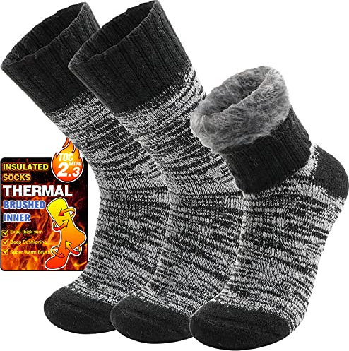 Welwoos Heated Thermal Socks for Women Winter Warm Ski Thick Boot Insulated Gift Socks Stocking Fillers for Women 3 Pairs (Black,M)