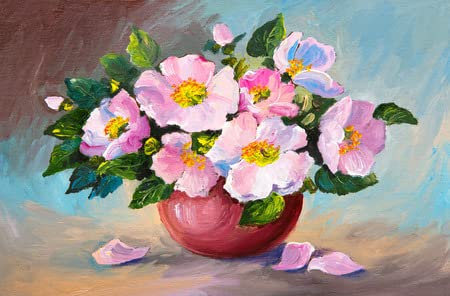 adrium Acryl-Bild 110 x 80 cm: Oil painting of spring pink wild roses in a vase on canvas, art work(38211525)