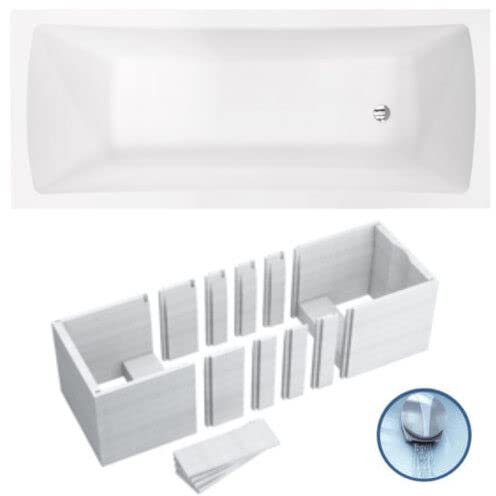 VBChome Badewanne 140x70 cm Acryl Wannenträger Siphon Rechteck Weiß Styroporträger Ablaufgarnitur AB und ÜBERLAUF