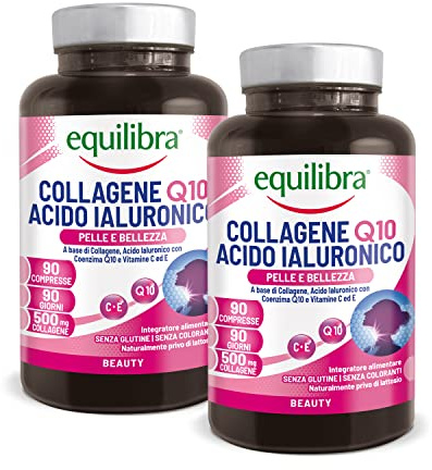 Equilibra Integratori Alimentari, Collagene Q10 Acido Ialuronico, Benessere e Bellezza della Pelle, con Collagene Idrolizzato, Acido Ialuronico, Coenzima Q10, Vitamine C ed E, 2 Pezzi da 90 Compresse