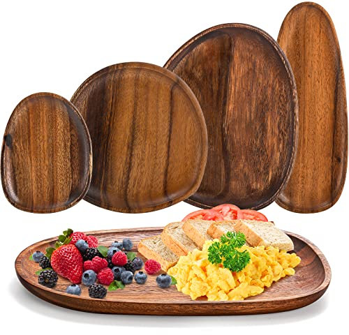 Okllen Set of 5 Acacia Wood Serving Platter and Trays, Irregular Oval Solid Wood Plates Serving Tray, Lightweight Wood Dinner Plates for Breakfast, Coffee, Tea, Snack, Plant, Housewarming Gift