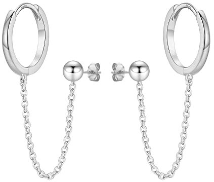 925 Sterling Silver Chain Hoop Earrings for Women, Silver Double Piercing Two Holes Huggie Hoop Earrings Tassel Drop Link Cuff Cartilage Helix Ball Stud Earrings for Teen Girls Jewellery Gifts