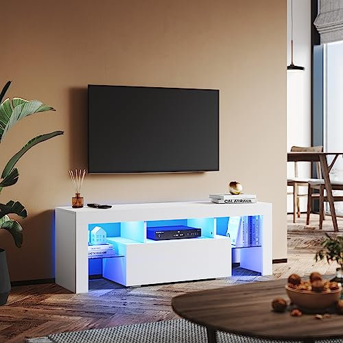SUNXURY TV Schrank mit LED Beleuchtung TV Board Weiss Lowboard mit Glasregal Fernsehtisch 130 x 45 x 35 cm (B/H/T)