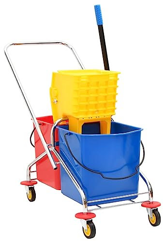 vidaXL Reinigungswagen, Putzwagen mit Eimern Presse, Wischwagen Haushaltswagen mit Auswringfunktion, Systemwagen Wischset, PP Verchromter Stahl