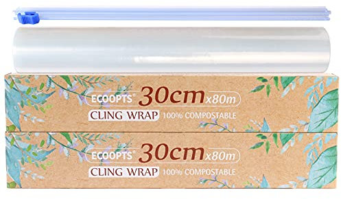 ECOOPTS Lot de 2 films étirables 100 % compostables avec cutter coulissant | Sans BPA et biodégradable | Passe au micro-ondes et au congélateur | 30 cm x 80 m