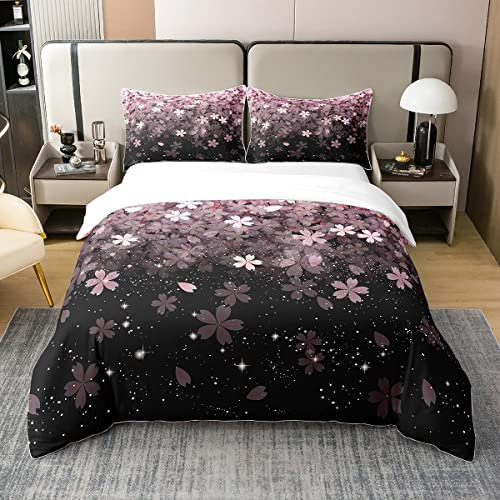 Kirschblüte 100% Gewaschene Baumwolle Bettbezug 220x240 Rosa Blume Tröster Abdeckung Petal Floral Bettwäsche Set Sternenhimmel Glittery Warme Steppdeckenbezug Schlafzimmer Wohnzimmer Dekor
