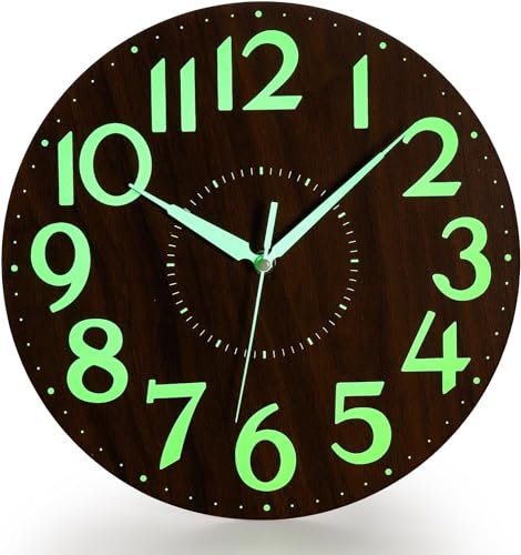 Tebery 12 Zoll Leuchtende Wanduhr, Holz Nachtlicht Wanduhr, Wohnzimmer und Schlafzimmer Quarzuhr, geräuschlos, Nicht tickend, leicht zu lesen