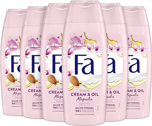 FA Duschgel Cream & Oil Magnolia (6x 250ml), 95% Inhaltstoffe natürlichen Ursprungs, genieße die pflegende Duschcreme mit milder, veganer Formel und dem Duft von lieblicher Magnolie