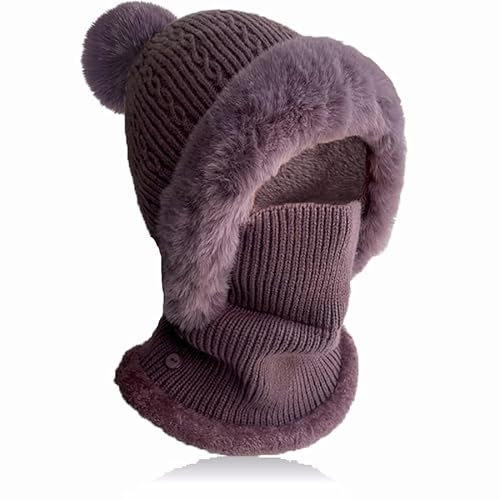 TAGVO Winter Warm Strickmütze Halswärmer-Sets, Damen Wintermütze Flexible Strickmütze mit Haarball, Balaclava Sturmhaube Weiches, Dickes Fleece gefüttert, Verstellbare Gesichtsmaske für Frauen