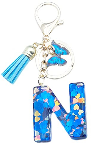 Xsclpomddy Frauen Alphabet Buchstaben Schlüsselanhänger Niedlich Schlüsselanhänger Glitzer mit Schmetterling Quasten Harz Blau Keychain für Tasche Charme