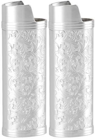 Zinc Alloy Lighter Holder, 2 Pcs Lighter Case Zinc Alloy Vintage Floral Stamped Classical Elegant Lighter Sleeve Cover (Silver)