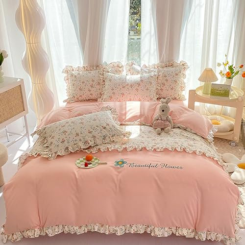 GETIYA Rosa Blumen Bettwäsche 135x200 Blumen Muster Rosa Einfarbig Spleißen Bettwäsche mit Rüschen Weich Mikrofaser Bettbezug Einzelbett Mädchen Damen Bettwaren-Set mit 1 Kissenbezug 80x80