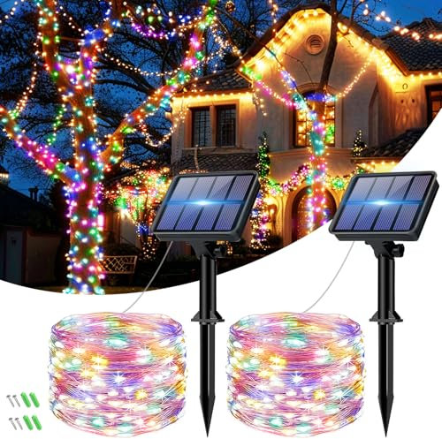 bitjam Solar Lichterkette Aussen, 2x6M 60LED Lichterkette Außen Solar Wetterfest, 8 Modi Kupferdraht Solarlichterkette Outdoor IP65 Wasserdicht für Garten Zaun Balkon Party Weihnachten, Bunt