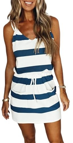 Damen Cami Ärmellos V-Ausschnitt Swing Sommer Streifen Print A Line Kurze Casual Ärmellos Button Down Elastische Taille Kleider (Dunkelblau 2,L)