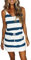 Damen Cami Ärmellos V-Ausschnitt Swing Sommer Streifen Print A Line Kurze Casual Ärmellos Button Down Elastische Taille Kleider (Dunkelblau 2,L)