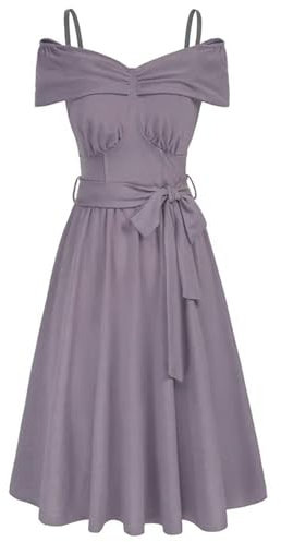 Vestido de Fiesta para Mujer con Tiras y cinturón, línea A, Vestido de cóctel para Invitados de Boda, Trajes Acampanados hasta la Rodilla -Lila-S