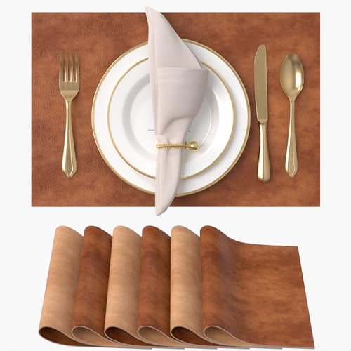 Vitare Platzsets Abwaschbar,Tischsets Abwaschbar 6er Set,Zweifarbig Tischset Kunstleder,Platzdeckchen Abwaschbar Hitzebeständig und rutschfest,45×30cm-Dunkelbraun & Hellbraun