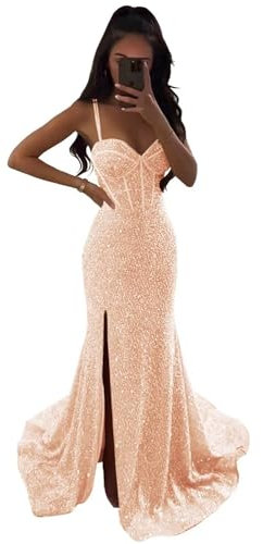 Générique Robe de Bal à col en V étincelant Mermaid Sequins Taille Formelle Robe de soirée Fendue Longue Robe de soirée Rose Gold 7XL