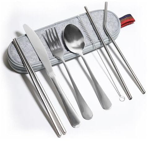 Camping Cutlery, Travel Cutlery Set with Case, Portable Stainless Steel Camping Utensils Include Knife Fork Spoon Chopsticks Straws Brush (Silver)