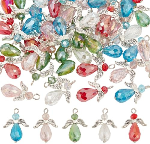 HOBBIESAY 50 Pcs Glass Angel Wing Charms 5 Colors Teardrop Beads Pendant Faceted Dangle Charm DIY Crafting Accessories for Necklace Bracelet Earring Keychain Jewelry Making
