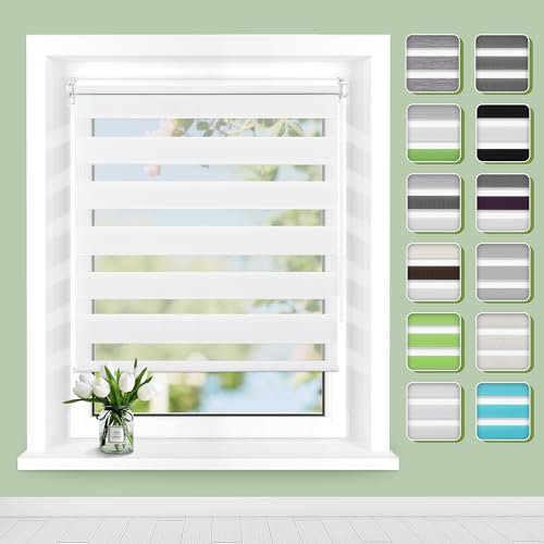 Doppelrollo Klemmfix ohne Bohren B55 x H200cm(Stoffbreite 51cm) Weiß, Rollos für Fenster, Rollo ohne Bohren mit Lichtdurchlässig und Verdunkelnd/Höhe Stufenlos Verstellbar/Kindersicherung