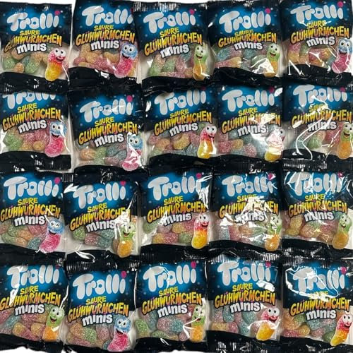 Trolli Saure Glühwürmchen Sparpack mit 20 Mini Beutelchen, Trolli Saure Glühwürmchen einzeln verpackt, 400g Trolli Süßigkeiten Box