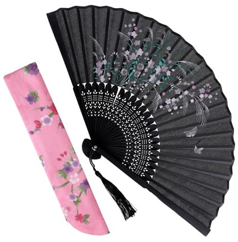 salbsever Grassflowers Folding Hand Held Fans Kit, Folding Fan for Women, Vintage Floral Fan Chinese Japanese Style Folding Fan, Handheld Fan Foldable Decorative Fans with a Fabric Sleeve, Black