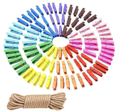 Holzklammern Klein, 100 Stück 3.5cm kleine Wäscheklammern Holz Bunt mit 10m Jute-Schnur, Mini Wäscheklammern für Fotos Bilder Collagen Postkarten Geschenke(Farbe:Bunte)