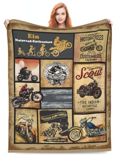 ECOSHOW Motorrad Geschenke für Männer, Decke Motorrad Motiv, Lustige Geburtstag Geschenk für Motorradfahrer Motorradliebhaber Kuscheldecke für Jungen Teenager Kinder 130x150cm