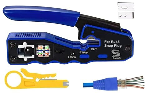 SAMTEK Blue RJ45 Passthrough Crimping Tool Kit: RJ45 Ethernet Passthrough Crimping Tool, Network Cable Tester, Wire Cutter and Pliers, Pass-Through Connectors (6 8), Protective Covers